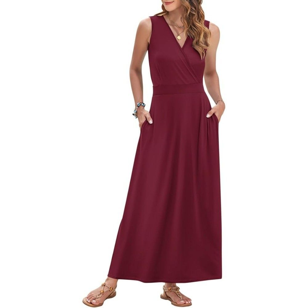 AUSELILY Womens Maxi Dress X-LARGE Wine Red Wrap V-Neck Sundress Sleeveless Long